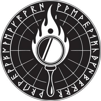 Black and white illustration of a flaming mirror inside a rune inscribed circle with grid lines vector