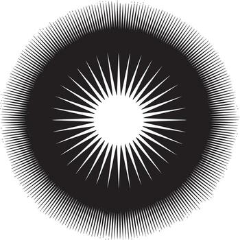 A black and white abstract image featuring a circular shape with radiating lines from the center outwards vector
