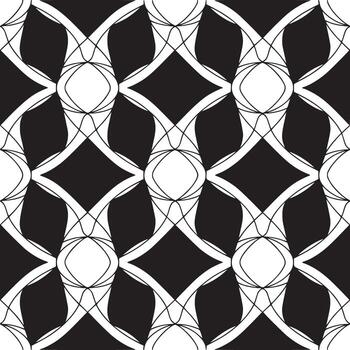 Monochrome geometric pattern with interlaced lines and diamond and oval shapes repeating across frame vector