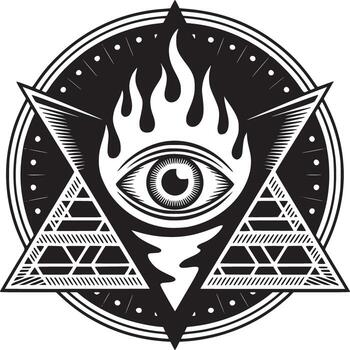 Striking mystic eye design with flames and triangles for edgy, occult-themed projects and creative concepts vector