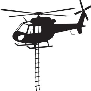 Silhouette of a helicopter with a ladder hanging down against a white background in a simple design vector