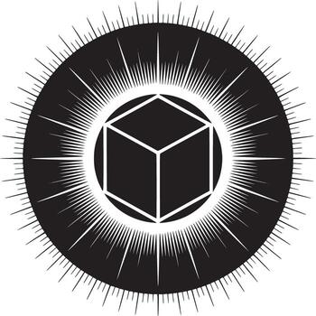Black and white geometric design featuring a cube inside a circle with radiating lines around it vector