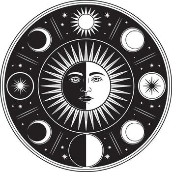 Black and white celestial design featuring a sun face and moon phases in a circular pattern vector