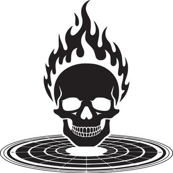 A black and white illustration of a flaming skull over a target with concentric circles design vector