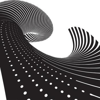 Abstract black and white optical illusion with swirling lines and dotted pattern on a white background vector