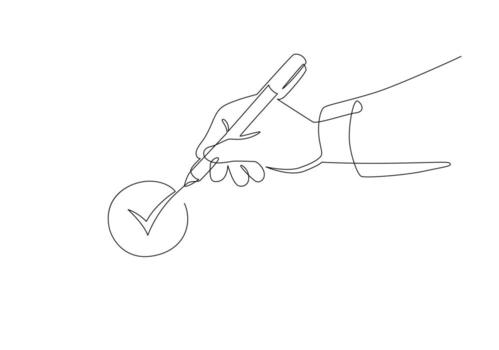 Hand of business holding a pen and writing a check mark, Continuous line drawing, Completed checklist, Approval, Verification. Isolated design illustration on white background. vector