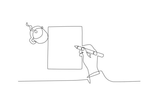 Continuous line drawing of a businessman hand writing on a document with a pen and cup of hot coffee. Minimalist on white background. Symbol of work, planning, and productivity. vector