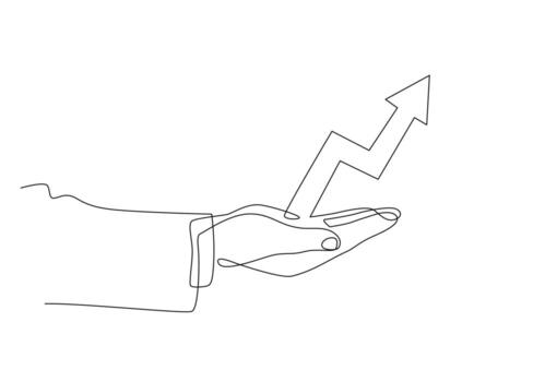 Continuous line drawing, Hand of businessman with arrow symbol pointing up, Successful business growth, Isolated design illustration on white background. vector