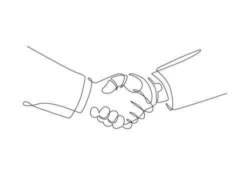 Hand of Businessman and robot shaking hands, Collaboration between humans and artificial intelligence, Continuous outline drawing, Business line art drawing concept, design illustration. vector