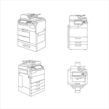 A comprehensive collection of precise black and white line art illustrations depicting a modern multi function office printer, copier, and scanner device, presented from various accurate angles vector