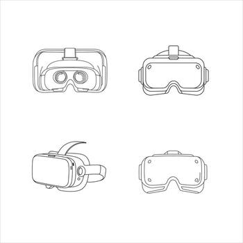 un exhaustivo conjunto de minimalista negro y blanco línea Arte dibujos ilustrando un contemporáneo virtual realidad auriculares desde cuatro distinto perspectivas, incluso frente, parte superior delantera, y angular puntos de vista, vector