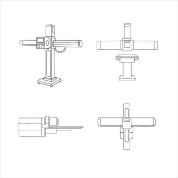 A technical line art illustration displays a precision industrial measuring device, detailed in four clear orthogonal front, top, side, plan, providing essential visual data for engineering vector