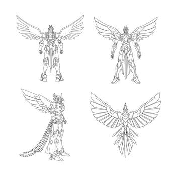 This captivating set of four detailed line art illustrations showcases a majestic winged robot warrior, inspired by mythical phoenixes and futuristic, presented in various dynamic poses vector