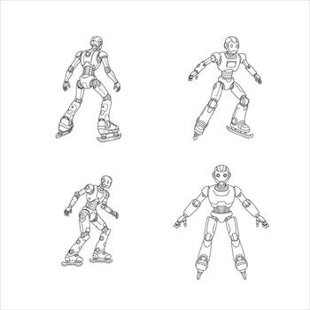 This dynamic set of four line art illustrations features modern humanoid robots two ice skating on sleek blades, demonstrating fluid motion, and two standing, portraying advanced technology vector