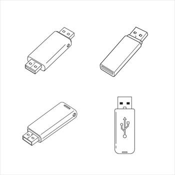 A set of four clear outline illustrations depicting versatile universal serial bus,USB, flash drives, presented in various isometric perspectives on a clean white background vector
