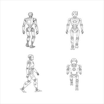 This collection features four black outline illustrations of modern humanoid robots, each presented in distinct dynamic poses standing front and back, walking side profile, and walking forward vector
