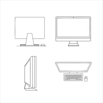 This set of clean line art illustrations features a modern desktop computer monitor, keyboard, and mouse, providing a versatile overview. Included are distinct front, back, side, and top down vector