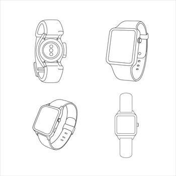 This comprehensive set of black and white line art illustrations features four distinct views of contemporary smartwatches, including front, side, angled, and back with sensor details vector