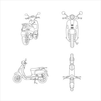 This image presents four precise black and white line art illustrations of a sleek urban scooter, showing distinct views a clear front, a comprehensive side profile, and two unique overhead angles vector