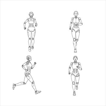 This intricate collection presents four black and white line art illustrations, vividly depicting female-presenting humanoid robots engaged in various dynamic running and jogging poses, emphasizing vector