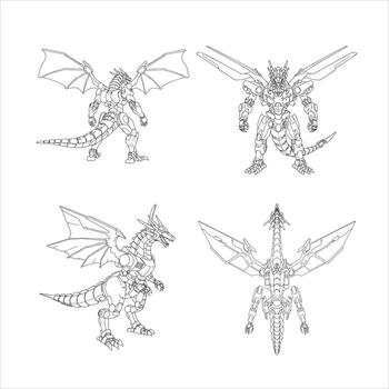 This intricate line art illustration presents four dynamic perspectives of a formidable robotic dragon, featuring detailed mechanical components, powerful wings, and sharp futuristic aesthetics vector
