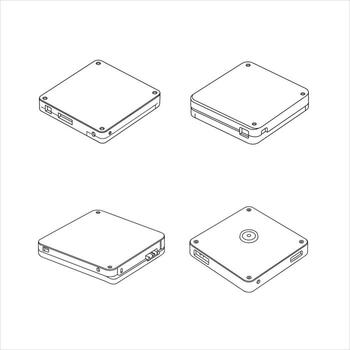 This collection features four isometric outline illustrations of a compact electronic device, detailing its input output ports, mounting points, and external casing from distinct angles vector