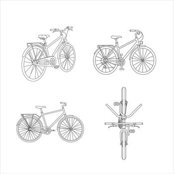 This detailed graphic features a diverse collection of four black outline bicycles, presented from various angles including classic side profiles and a unique top down view vector