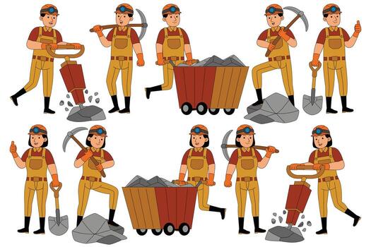 Mining workers with tools and equipment vector