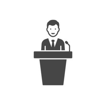 sólido icono de un persona dando un conferencia a un podio para público Hablando vector