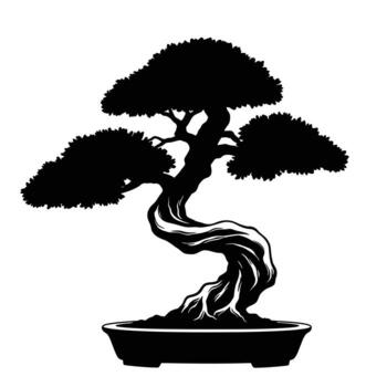 Silhouette of a twisted trunk bonsai tree in a shallow dish vector