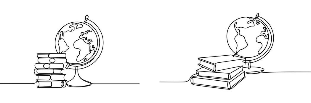 dos soltero línea dibujos de globo y libros apilar conocimiento vector