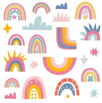 Boho Rainbows and Clouds Collection with Stars abstract vector