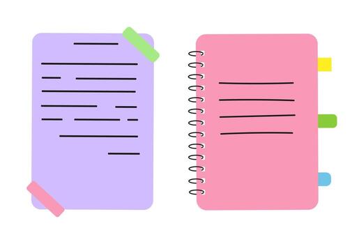 Set of Notepads in Simple Minimalistic Flat Style Isolated on White Background. Icon of Notepad and Document Hanging on Wall. Illustration Sticker Notepad, Notebook for Marks, Sheet. vector