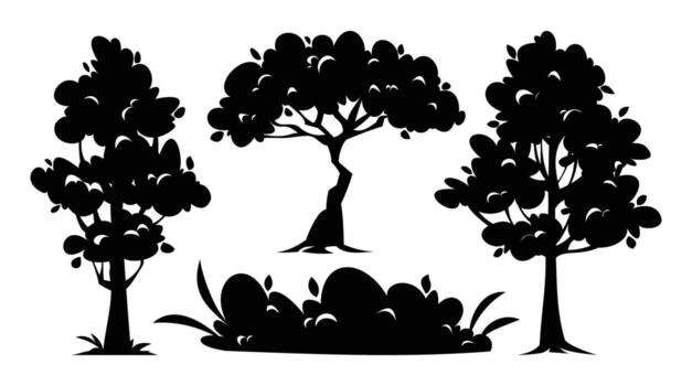 Silhouette set of different trees and bushes with a variety of textures and shapes on a white background. Cartoon illustration vector
