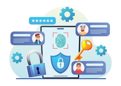 tableta con un seguridad proteger y un huella dactilar escáner, rodeado por usuario perfiles, un llave, y un candado. dibujos animados ilustración vector