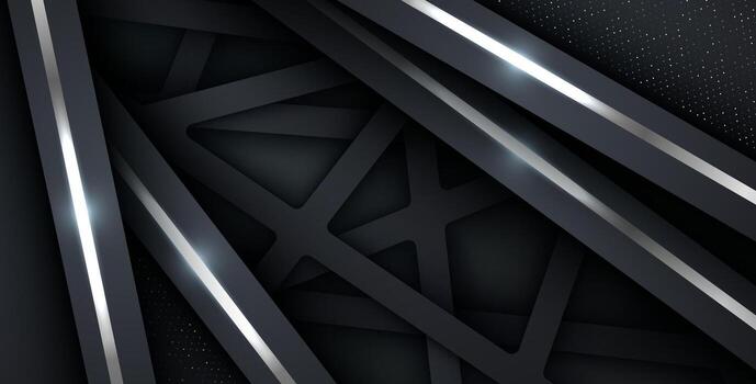 dark abstract background with triangle square black overlap layers. silver list and silver glitters dots element on slash papercut textured background. ,. vector