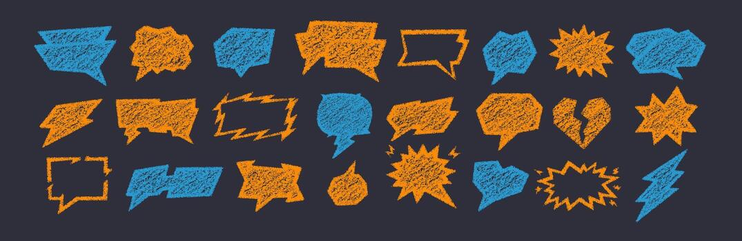 Crayon talk speech bubble with crayon text box designed in hand frame using bold color chalk. Crayon talk colorful set includes clouds, arrows, hearts, stars and cartoon chat sketch icons. vector