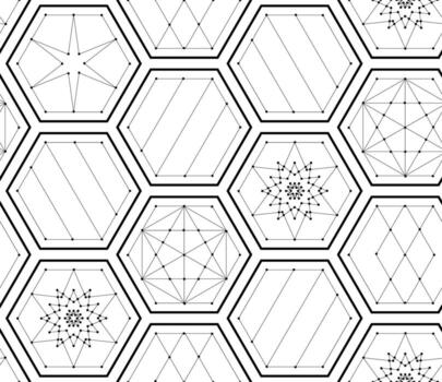 intrincado geométrico sin costura modelo presentando interconectado hexágonos y estrella formas, formando complejo red de puntos y líneas con simétrico, fascinante visual estructura vector