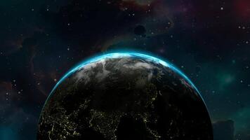 unik animerad universum med jord roterande i Plats medan stjärnor och nebulosa glöd i ett exklusiv premie bakgrund design video
