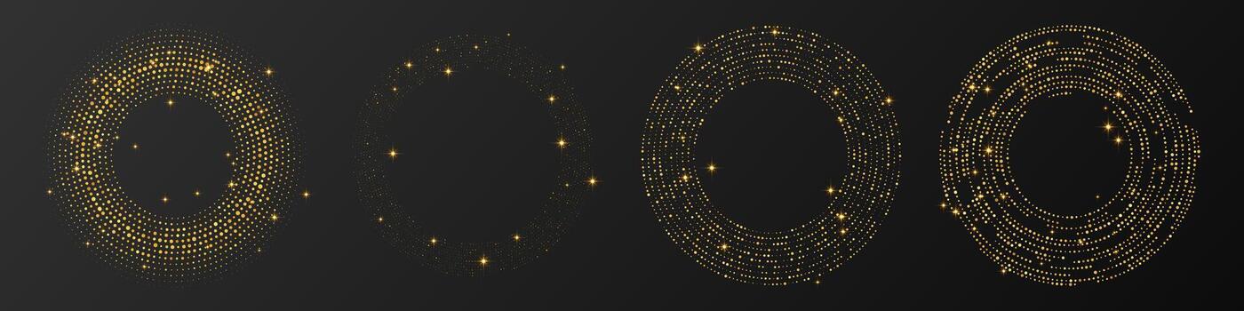 Abstract gold glowing halftone dotted background. Set of four gold glitter patterns in circle form. Circle halftone dots. Fine illustration vector