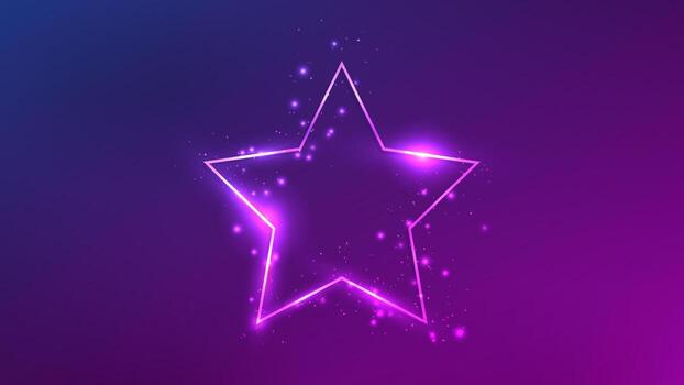Neon frame in star form with shining effects and sparkles on dark purple background. Empty glowing techno backdrop. Fine illustration vector