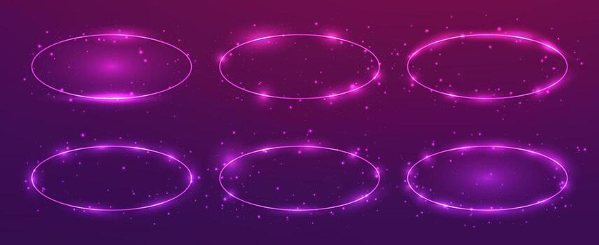 Set of six neon oval frames with shining effects and sparkles on dark purple background. Empty glowing techno backdrop. Fine illustration vector