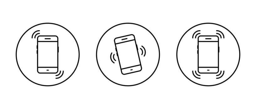 Mobile phone vibration icon set in circular outline. Smartphone ringing and shake symbol. Cellphone call and notification alert concept vector