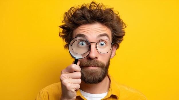 Curious person examining with magnifying glass insight, fun, investigation photo