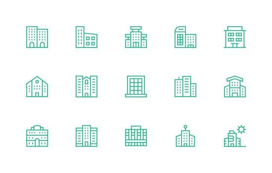 Office Building Design Icons featuring 15 in Regular Line Style vector