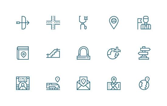 Route Icon Set with 15 Regular Line Graphics vector