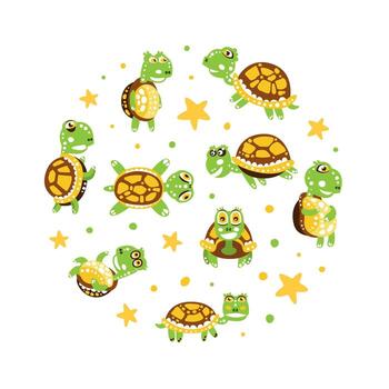 contento verde Tortuga con cáscara arreglado en circulo ilustración vector