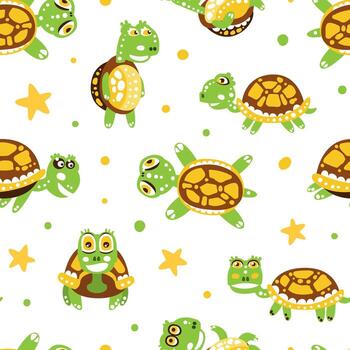 Happy Green Turtle with Shell Seamless Pattern vector