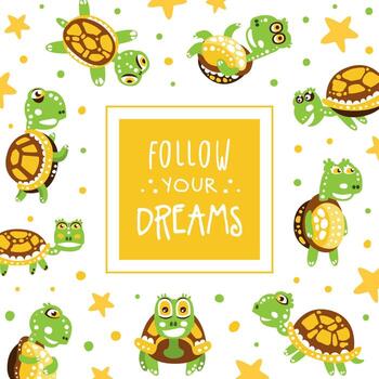 Childish Card Design with Happy Green Turtle with Shell Template vector