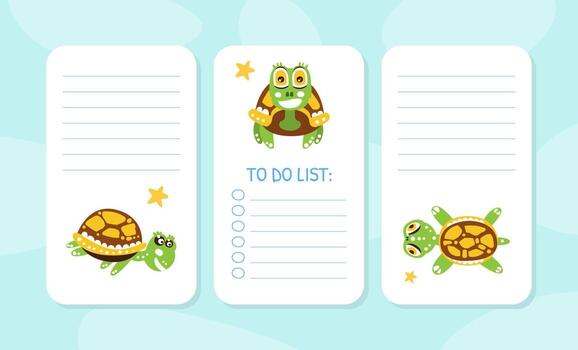 To Do List Cards with Happy Green Turtle with Shell Illustration vector